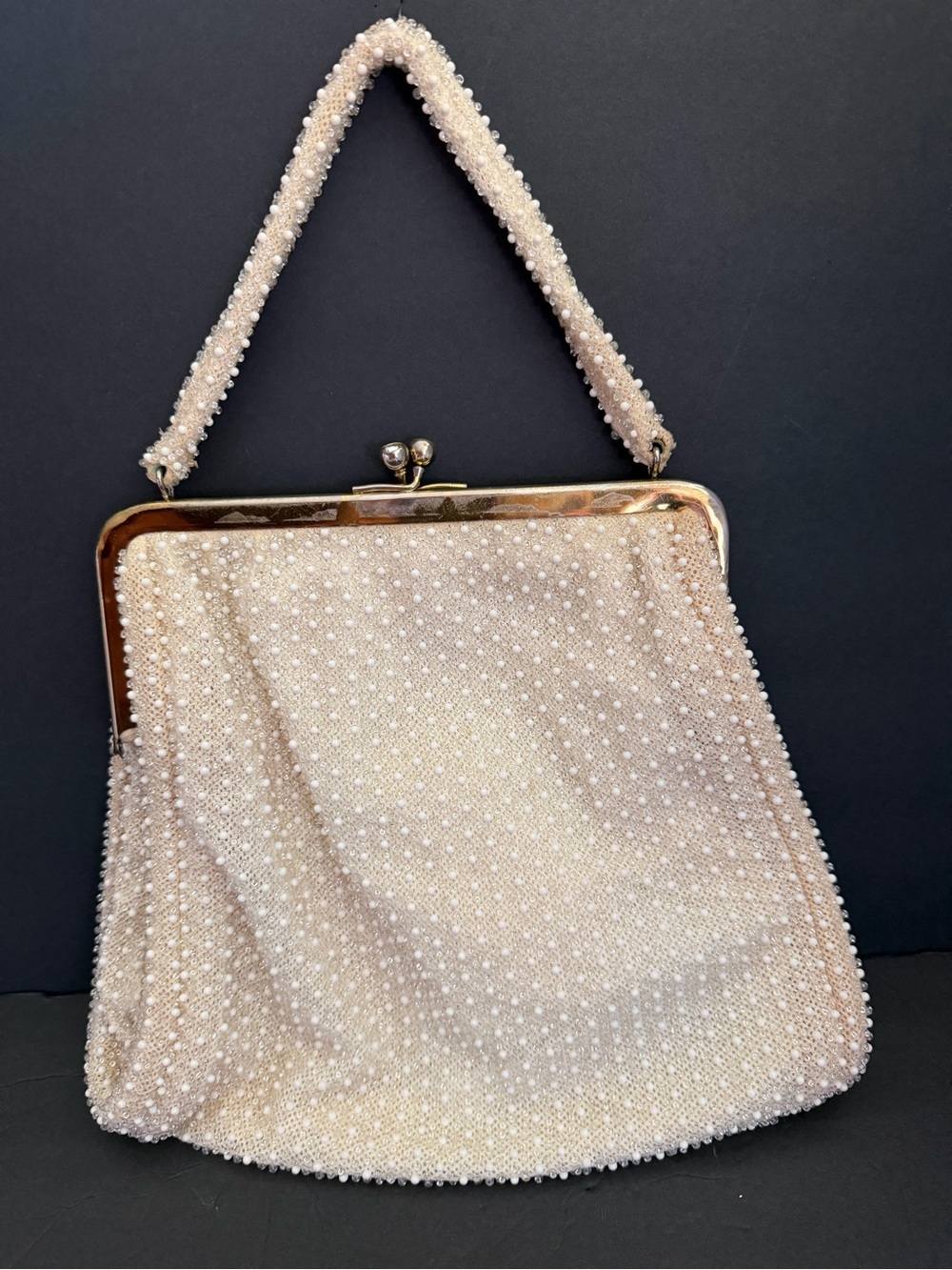 Vintage Pearl-Embellished Cream Evening Handbag 10x11”